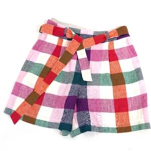 Boden Linen Blend Plaid Belted Shorts Pink Multicolor US 6